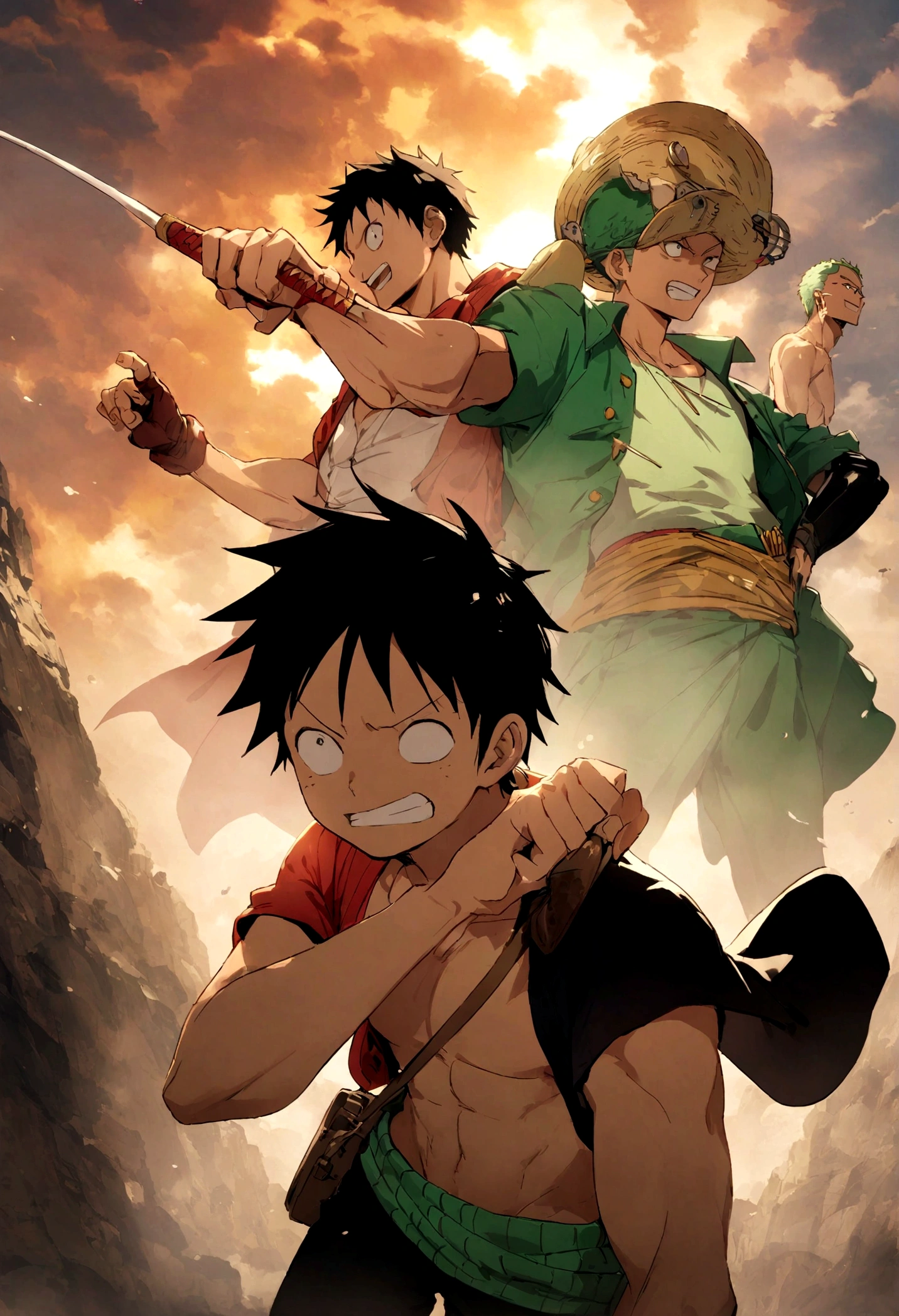 Luffy、Zoro、Combine、one person、cool、strong