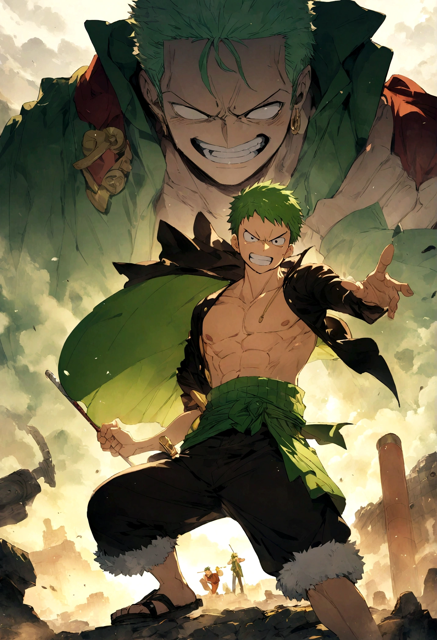 Luffy、Zoro、Combine、one person、cool、strong