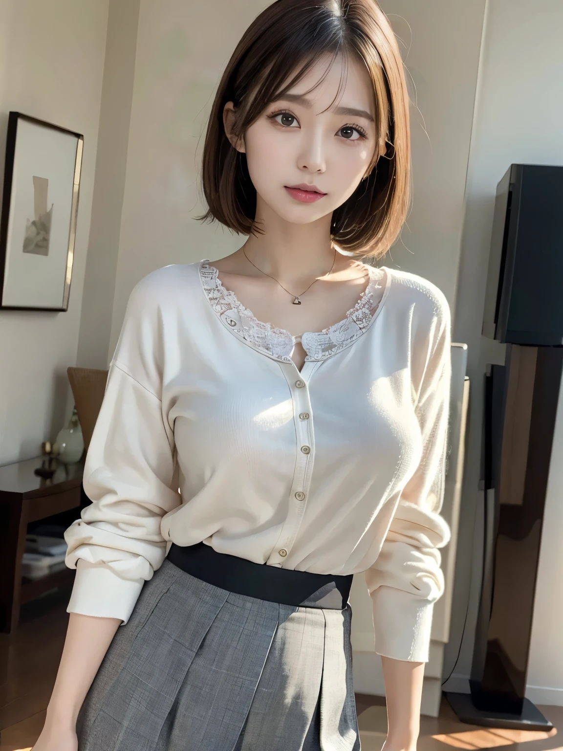 realistic,(ultra quality:1.2),japanese,high quality,masterpiece,(ultra detailed:1.4),neckless,ring,japanese lady,beautiful eye,beautiful face,(realistic shirt with showing through.:1.0),((living room)),(slender:1.5),highres,make up,(skirt:1.3),real background,