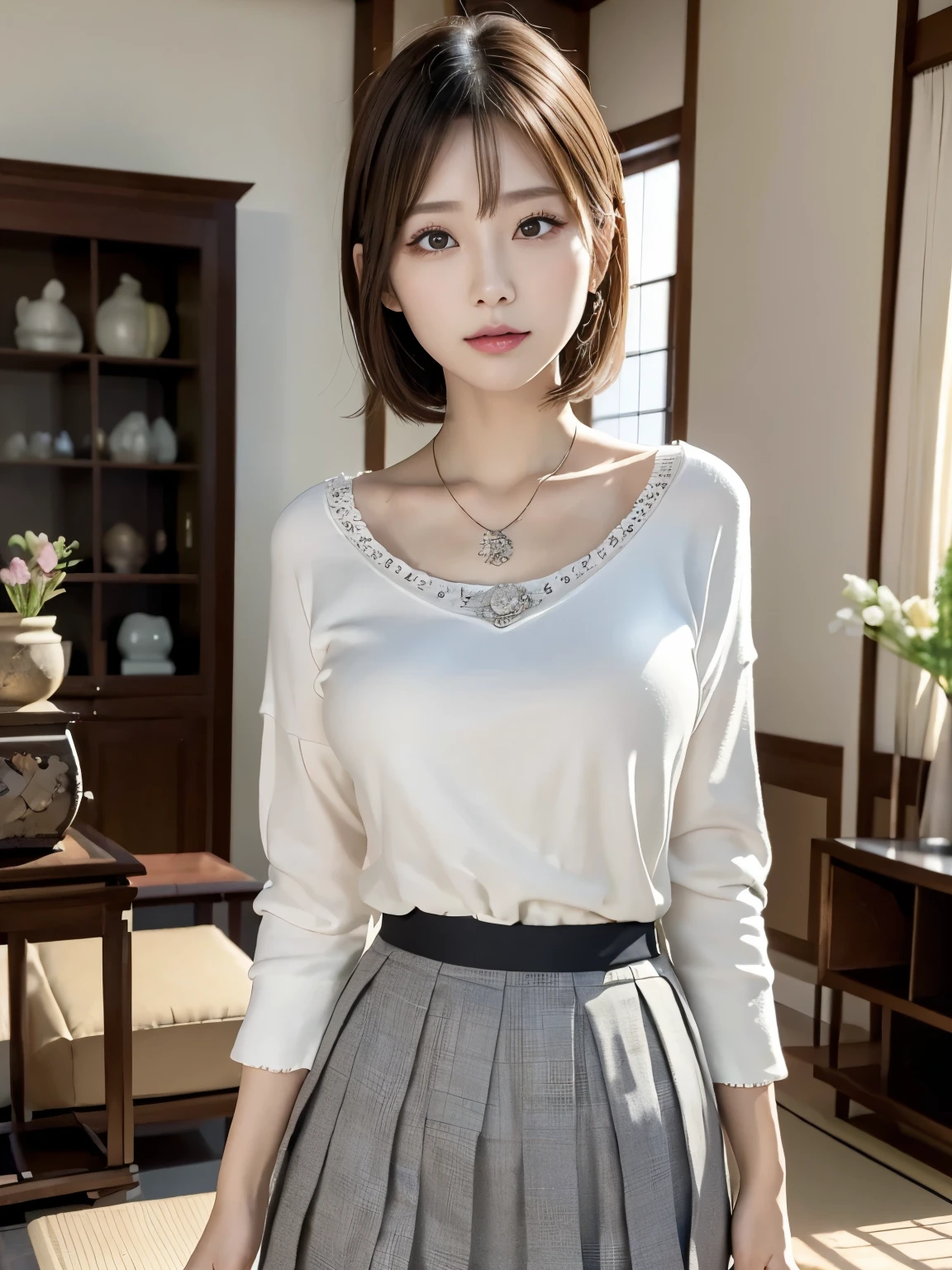 realistic,(ultra quality:1.2),japanese,high quality,masterpiece,(ultra detailed:1.4),neckless,ring,japanese lady,beautiful eye,beautiful face,(realistic shirt with showing through.:1.0),((living room)),(slender:1.5),highres,make up,(skirt:1.3),real background,