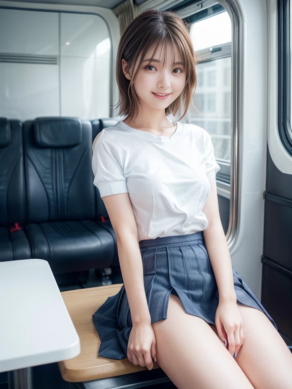 Full nudity、(Nipples、erection)、highest quality,Very detailed,masterpiece,Realistic,Photo realistic,Bright lighting,One Girl, Very beautiful 17 year old girl, (cute:1.2),A faint smile, (Brown eyes),(Light Brown Hair),(Bans),Perfect glowing skin,Perfect Skin,((erotic,Sexy and sexually explicit)),((Accurate needles without discord)), Big ample breasts,Big breasts and small waist, Observe your audience,,((Short sleeve uniform white shirt)),(Blue mini pleated skirt),(((Roll up the skirt yourself))),(Lifted it himself),(Showing panties),Wearing panties,Panty Focus,((sit,Spread your legs wide)), socks, (Black knee socks),(Loafer shoes), Daytime,in the train,A long seat facing away from the window, A big smile、Upper body naked、(Nipples、erection)