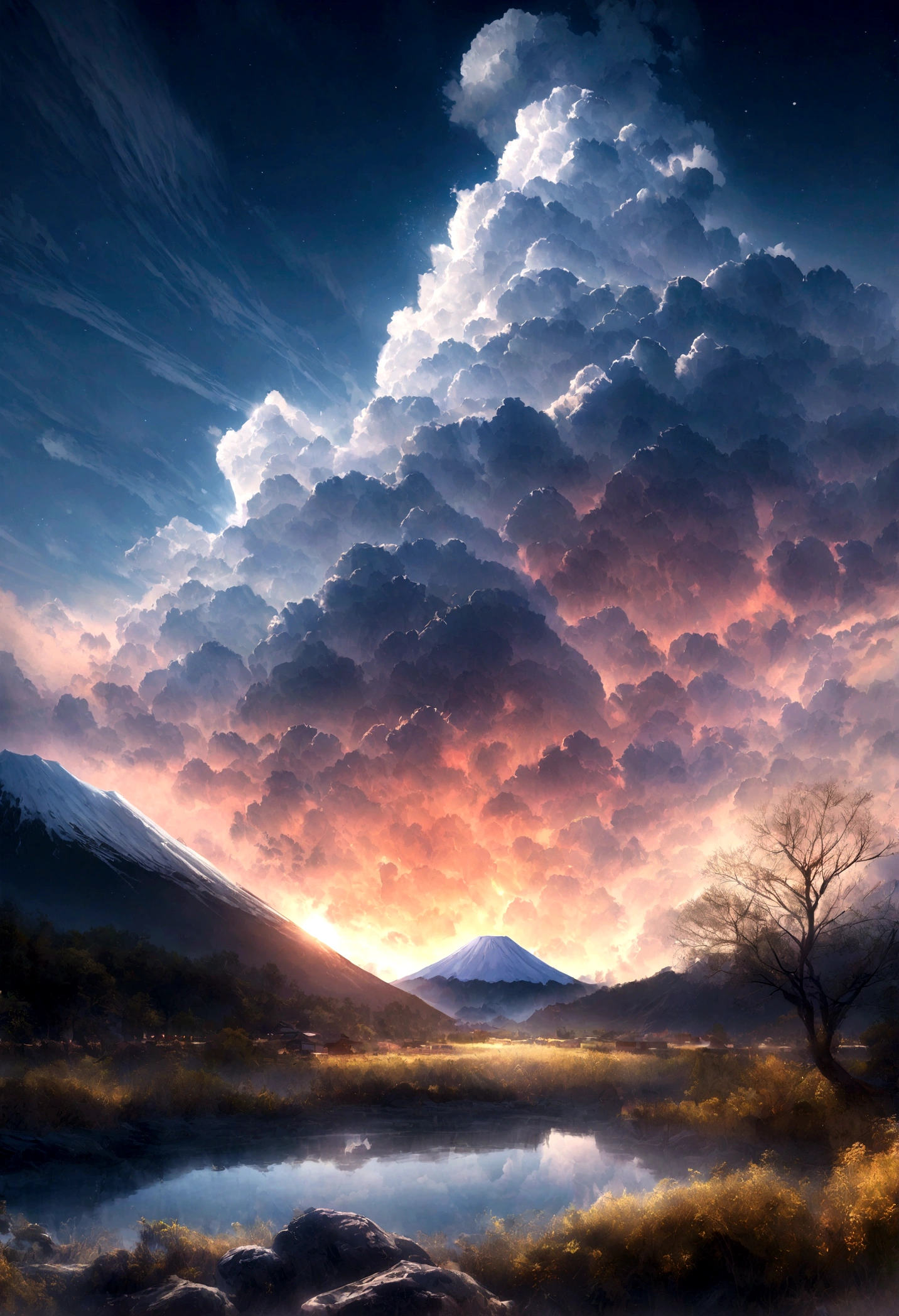 The atomic bomb exploded on Mount. Fuji, formando una nube de hongo negra y gris, Escenas espectaculares, Paisajes impresionantes, realista, authentic textures, Ultra High Definition Ultra High Resolution, Stunning photos taken by professional cameras, Renderizado de octanaje, volumetric illumination, Obras galardonadas de fama mundial, Obras maestras sin igual