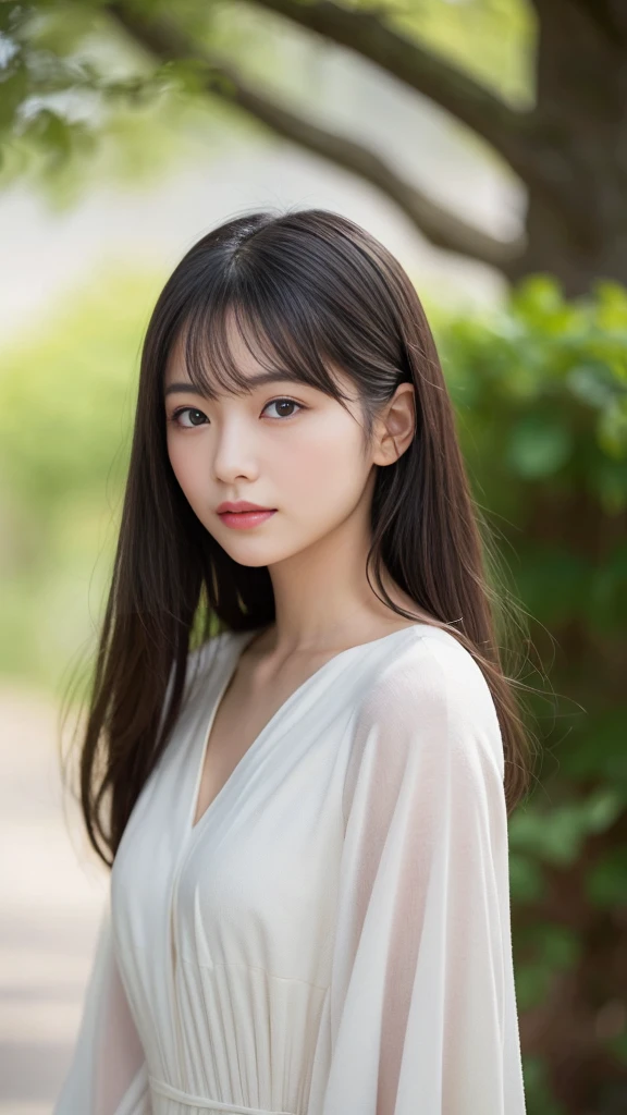 Create a high-resolution portrait of a young Japanese woman resembling the actress Minami Hamabe. She has a gentle and calm demeanor, with fair, clear skin and long, silky black hair that frames her face. Her eyes are large, almond-shaped, and a deep brown color, exuding a sense of innocence and curiosity. Her facial features are soft and balanced, with a slight blush on her cheeks and natural makeup that highlights her beauty. She wears a simple, elegant dress in pastel colors, standing against a softly blurred background that emphasizes her peaceful and elegant aura. The lighting is natural and soft, highlighting her delicate features and creating a warm, inviting atmosphere.