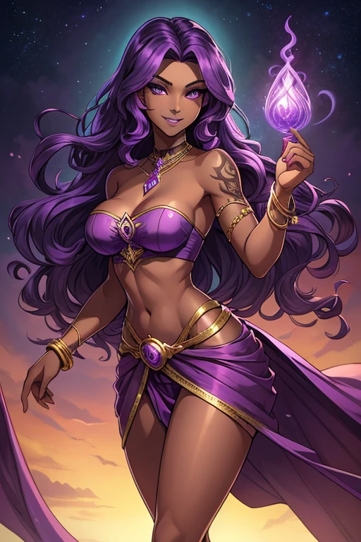 (best quality:1.3), (4K quality), (Detailed face:1.2), (Detailed eyes:1.2), solo, 1girl, 25 year old woman, sorceress, dark skin, purple hair, wavy hair, long hair, purple eyes, mascaras purple eyeshadow, smile, purple lipstick, tattoos, medium breasts, waist, slender legs, attractive body, slim figure, perfect shape, (Wearing: purple strapless top, purple mini skirt, pelvic curtain, bracelets), looking at viewer, holding a magical stuff