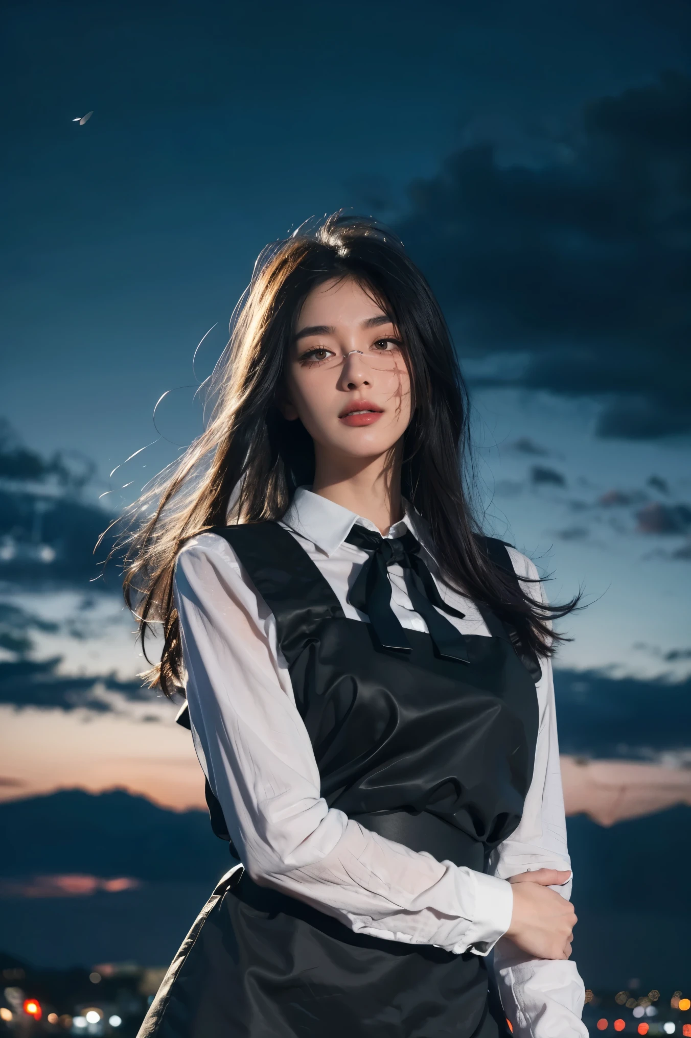 (Surreal), (figure), (High resolution), (8k), (Very detailed), (best figure), night ( Chainsaw Man ), (Beautiful fine details), (highest quality), (Super detailed), (masterpiece), (wallpaper), (Detailed face), alone, Upper Body, Focus on the face, 1 girl, Long black hair, Korean, Light eyeshadow, Well-detailed eyes, Brown eyes, Small mole under eye, Long sleeve shirt, Neck Bow, Small breasts, Apron dress, Dynamic pose, Low light, night, dark, cloud, dark night