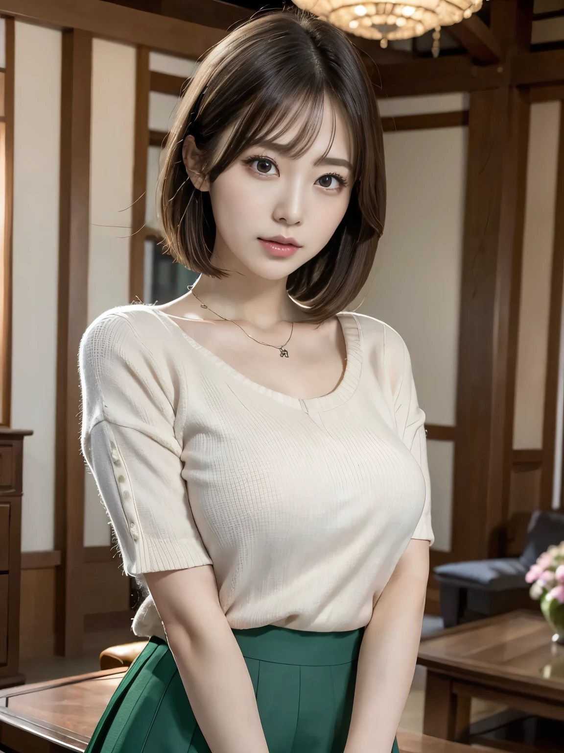 realistic,(ultra quality:1.2),japanese,high quality,masterpiece,(ultra detailed:1.4),neckless,ring,japanese lady,beautiful eye,beautiful face,(realistic shirt with showing through.:1.0),((living room)),(slender:1.5),highres,make up,(skirt:1.3),real background,