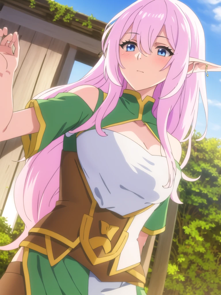 (((Best quality))),((Ultra-detailed)),((illustration)),((Disheveled hair)),((frilld)),(1 girl),
1girl , bangs , bare shoulders , blue eyes , blue sky , , cleavaghing cutout , cloud , cloudy sky , day , ear piercing , earrings , elf , eyebrows visible through hair , grass , hair between eyes , hoop earrings , jewelry , long hair , medium breasts , midrivel , outdoors , piercing , LavenderBlush hair , pointy ears , sky , solo , tree , upper body , very long hair ,