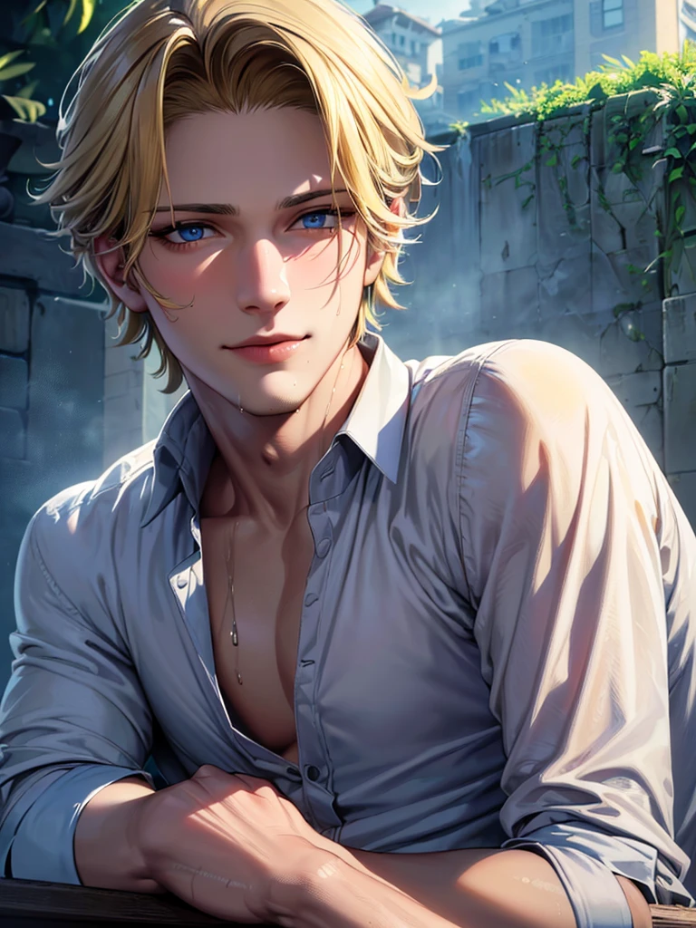  (masterpiece, 8k, Absurd, Digital Art, Digital Illustration, Realistic, Very detailed, Realistic lighting), (Perfect Face, Perfect Eyes, Perfect body), male,1 person, male的な, good looking, Sharp features,Blonde,blue eyes,shirt,The button is unbuttoned,Wet,Smiling,