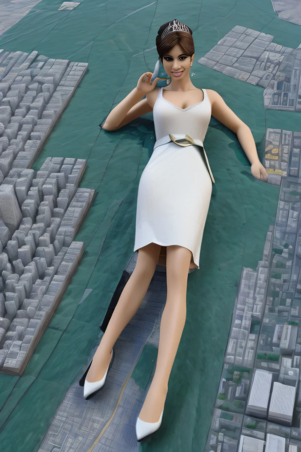 giantess art, highly detailed giantess shots, giantess, Two legs, Five fingers, short hair, super giant princess, A beautiful girl who is bigger than any skyscraper, Wearing rimless glasses, smile, Big Breasts, White gorgeous dress, White Pantyhose, white pantyhose, White stiletto sandals, toes visible through pantyhose, Destroying cities, A very small big city, Miniature metropolis, Full body description, GTS, giga giantess, stomping city, crash city, tiny city, micro city, pantyhose feet, High resolution, highest quality, masterpiece, princess dress, 