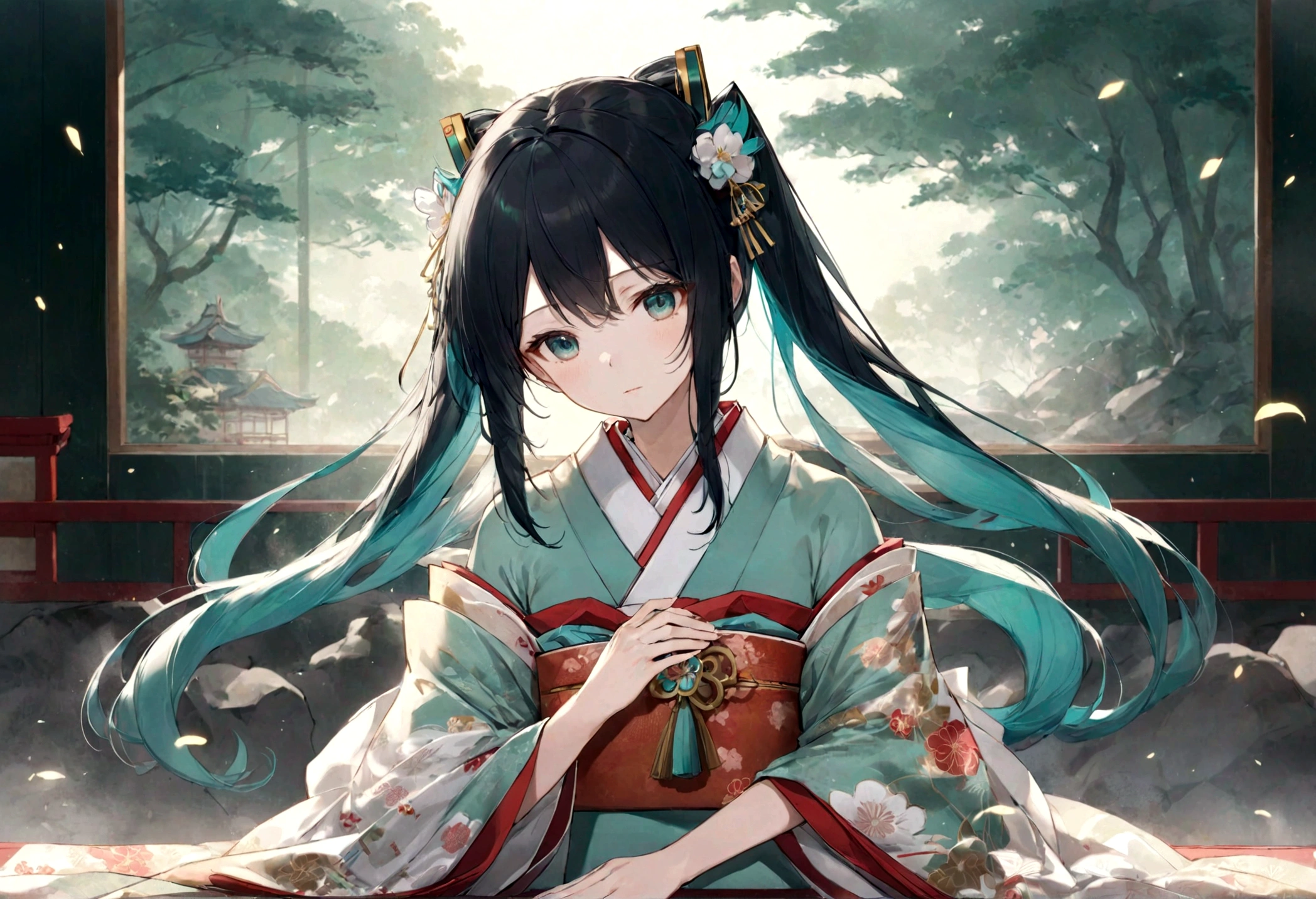 A woman wearing a kimono。Heian period。Offering prayers。Hatsune Miku with black hair。
