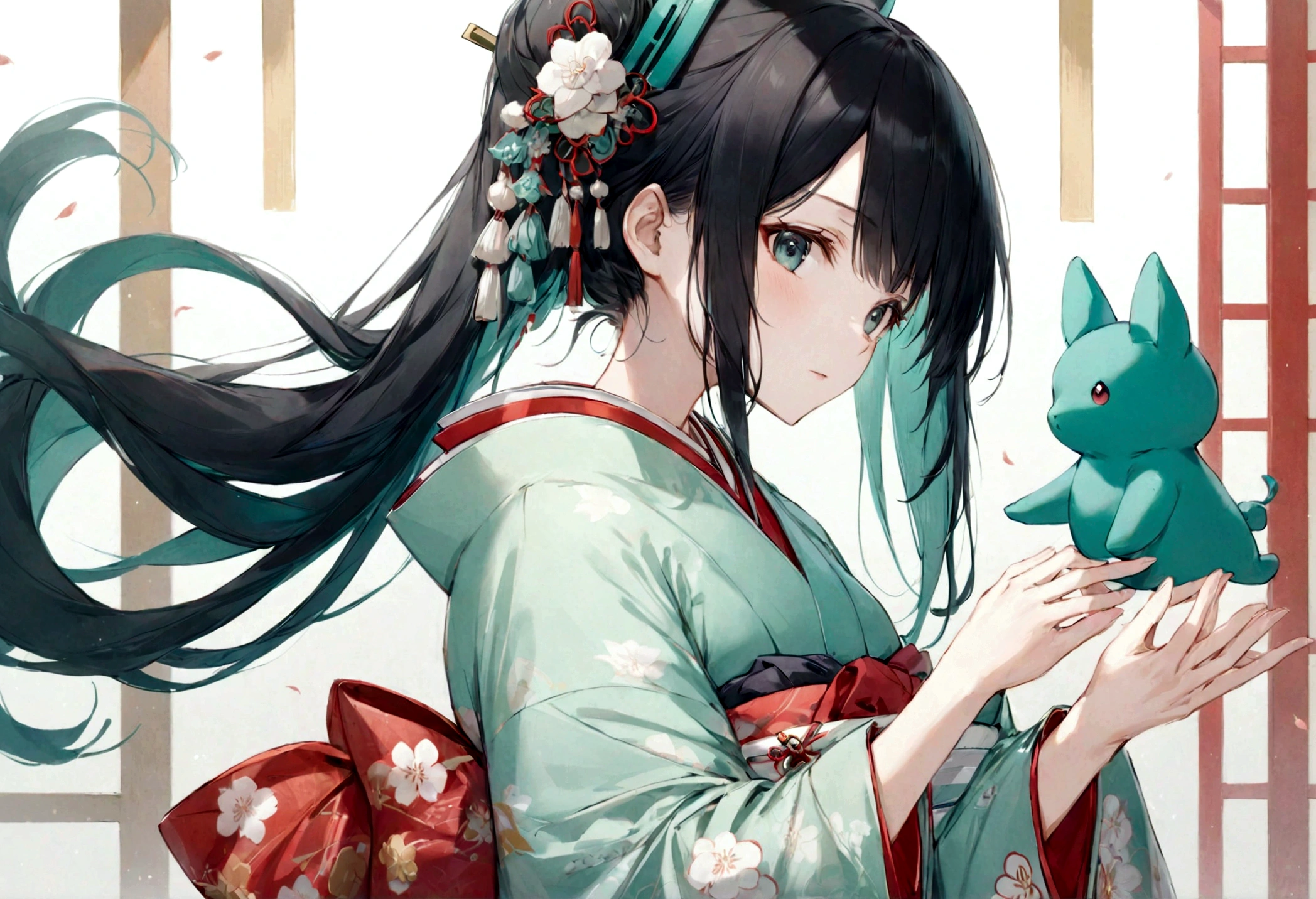 A woman wearing a kimono。Heian period。Offering prayers。Hatsune Miku with black hair。