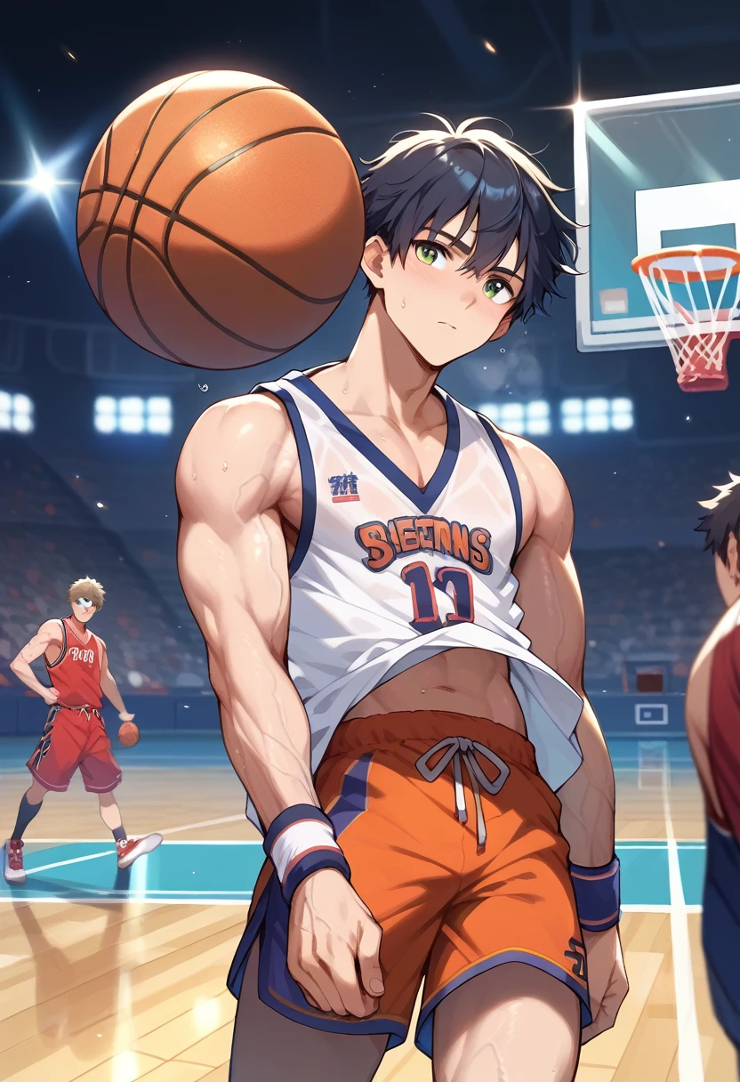 (score_9,score_8_up,score_7_up,score_6_up,score_5_up,score_4_up), best quality, best lighting, high-definition background, 1 boy is (16 yo), muscled, basketball uniform, ((veiny arms)), playing basketball, sweaty, sports hall, 