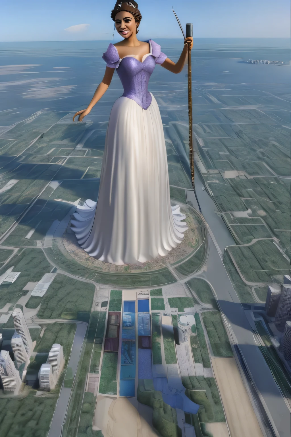 giantess art, highly detailed giantess shots, giantess, Two legs, Five fingers, short hair, super giant princess, A beautiful girl who is bigger than any skyscraper, Wearing rimless glasses, smile, Big Breasts, White gorgeous dress, White Pantyhose, white pantyhose, White stiletto sandals, toes visible through pantyhose, Destroying cities, A very small big city, Miniature metropolis, Full body description, GTS, giga giantess, stomping city, crash city, tiny city, micro city, pantyhose feet, High resolution, highest quality, masterpiece, princess dress, 