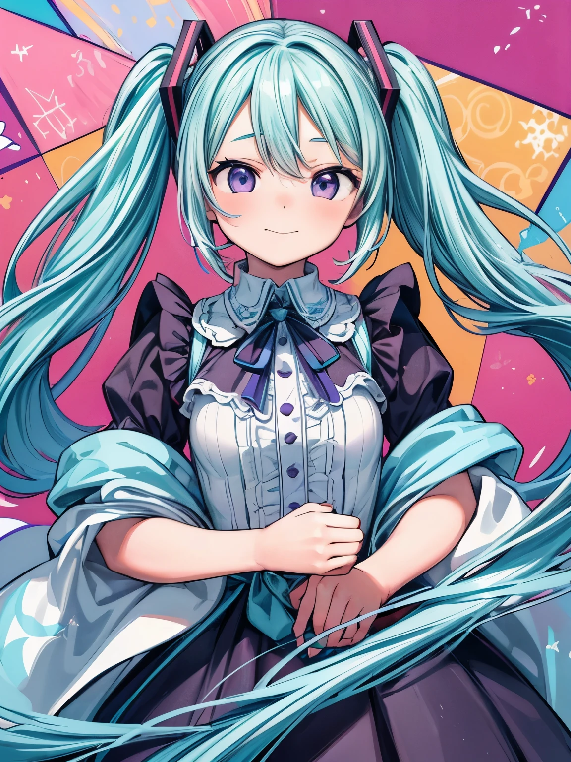 (masterpiece、最high quality、最high quality、Official Art、Beautiful and beautiful:1.2)、(One girl:1.3)Hatsune Miku、Twin tails,Beautiful breasts,high quality、Colorful color palette、high resolution、pretty girl、An unprecedented amount of drawing、Anime Style、Geometric background、Positive、Sticker Style、Long Hair、Light blue hair、Purple eyes