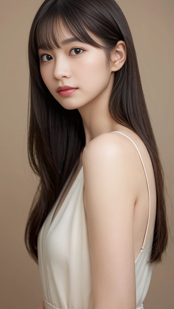 Create a high-resolution portrait of a young Japanese woman resembling the actress Minami Hamabe. She has a gentle and calm demeanor, with fair, clear skin and long, silky black hair that frames her face. Her eyes are large, almond-shaped, and a deep brown color, exuding a sense of innocence and curiosity. Her facial features are soft and balanced, with a slight blush on her cheeks and natural makeup that highlights her beauty. She wears a simple, elegant dress in pastel colors, standing against a softly blurred background that emphasizes her peaceful and elegant aura. The lighting is natural and soft, highlighting her delicate features and creating a warm, inviting atmosphere.
