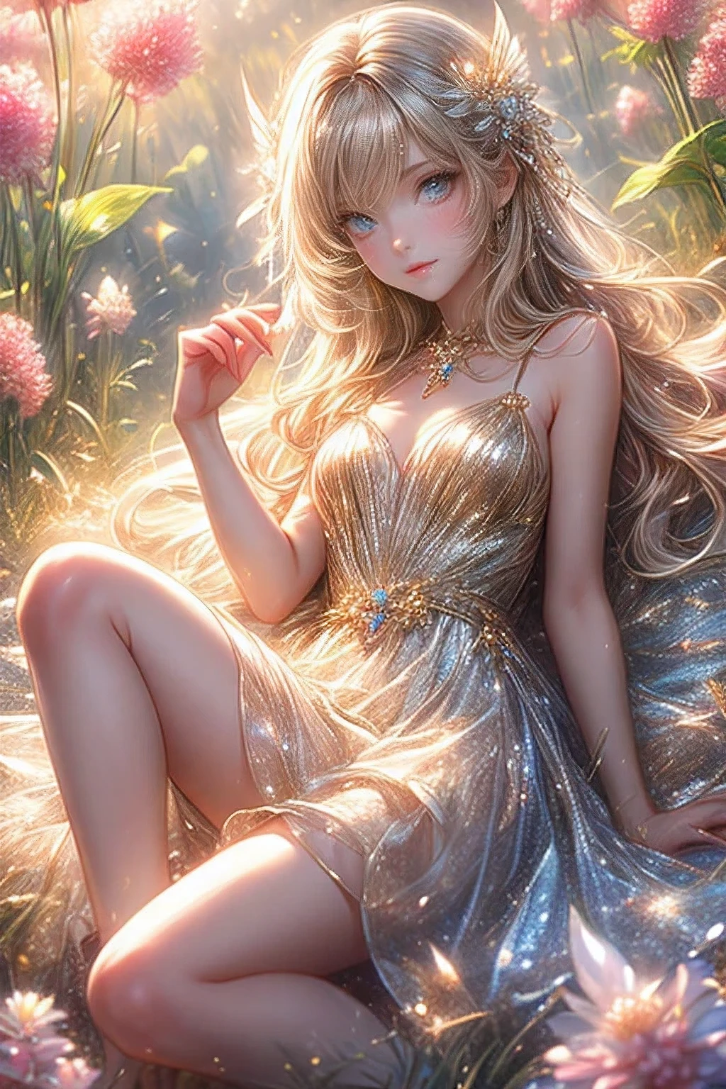 fantasic illustration, masterpiece:1.2, highest quality, highres, 16k, beautiful detailed, ultra-realistic, photo realistic:1.37,  beautiful cute 
firefly spirit princess, lying back in meadow lake, growing golden eyes, shining pupils, blushed cheek, shiny rosy lips, beautiful delicate(hair, face, eyes, pupils,dress,glass shoes), middle breasts