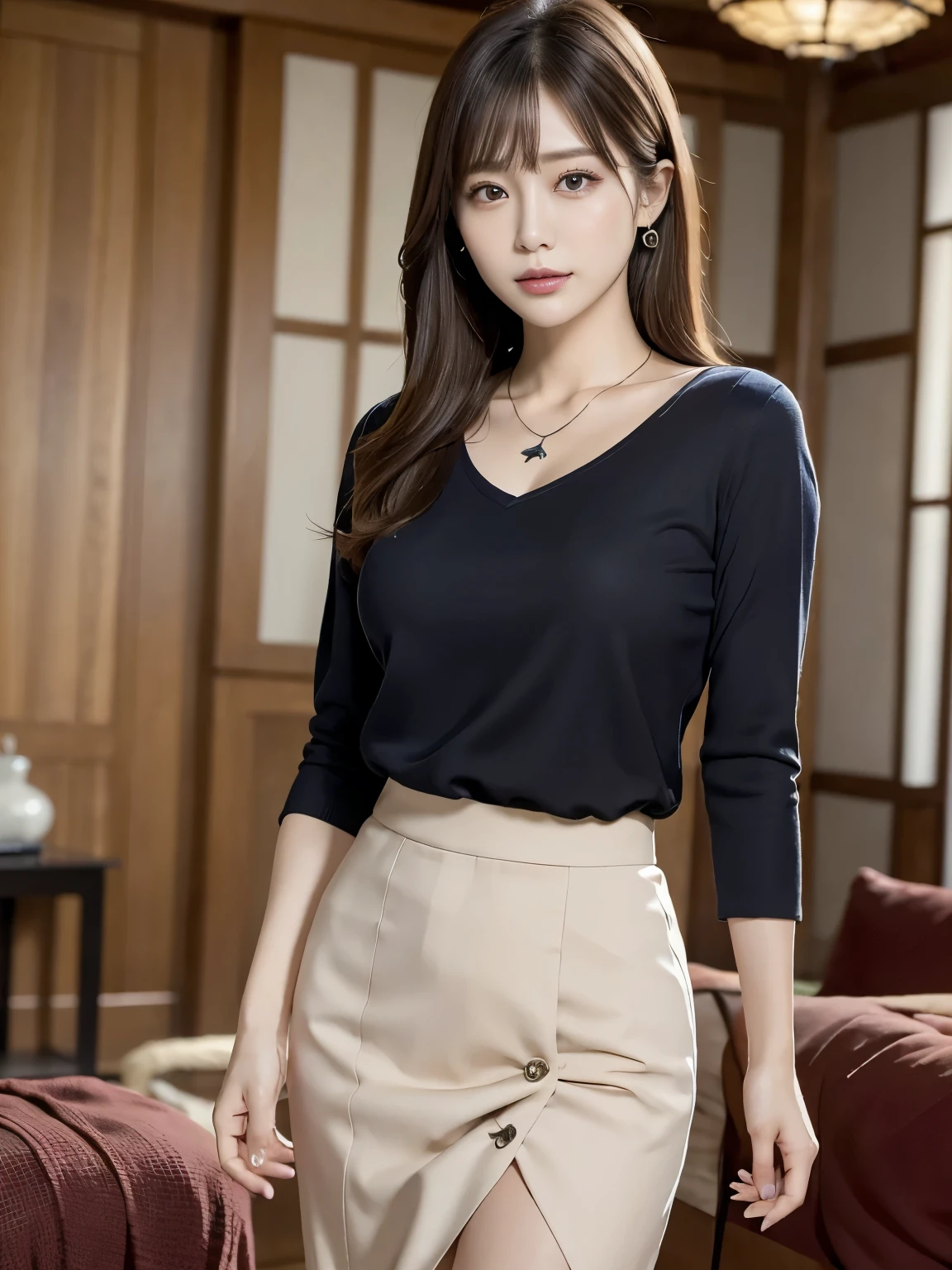 realistic,(ultra quality:1.2),japanese,high quality,masterpiece,(ultra detailed:1.4),neckless,ring,japanese lady,beautiful eye,beautiful face,(realistic shirt with showing through.:1.0),((living room)),(slender:1.5),highres,make up,(skirt:1.3),real background,