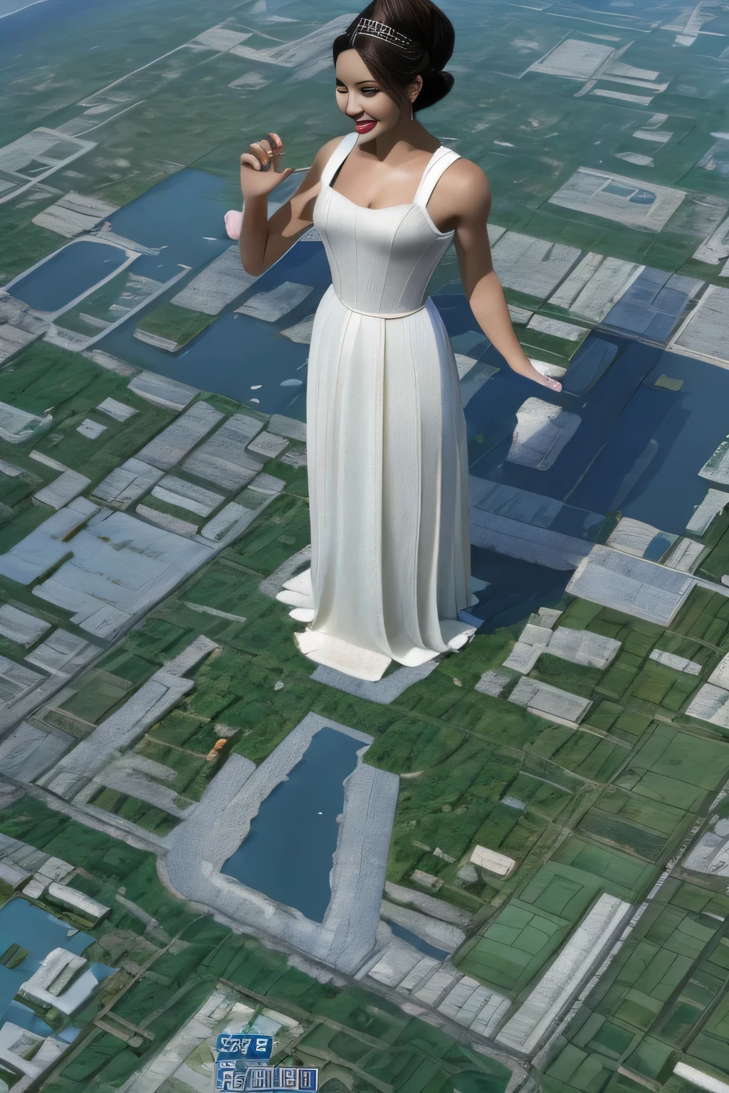 giantess art, highly detailed giantess shots, giantess, Two legs, Five fingers, short hair, super giant princess, A beautiful girl who is bigger than any skyscraper, Wearing rimless glasses, smile, Big Breasts, White gorgeous dress, White Pantyhose, white pantyhose, White stiletto sandals, toes visible through pantyhose, Destroying cities, A very small big city, Miniature metropolis, Full body description, GTS, giga giantess, stomping city, crash city, tiny city, micro city, pantyhose feet, High resolution, highest quality, masterpiece, princess dress,