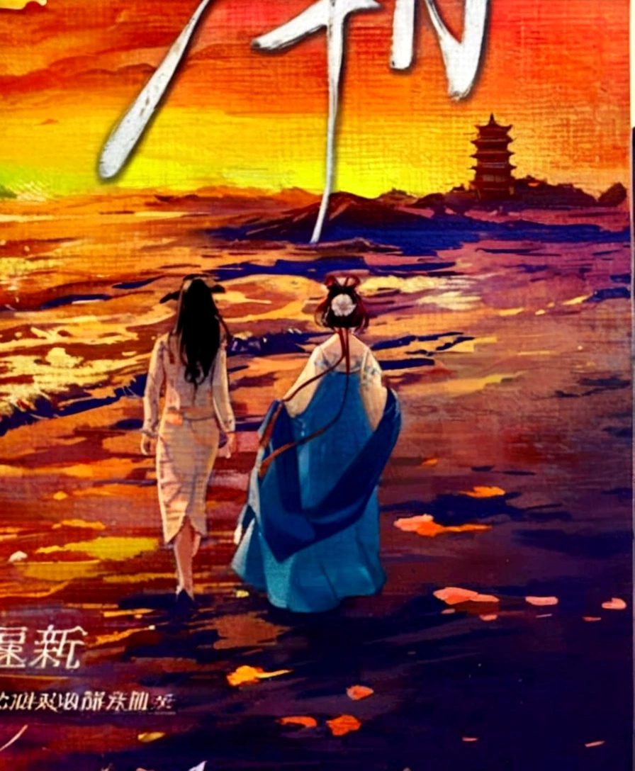 Close-up of a poster，A woman and a man walking on the beach, inspired by Fu Baoshi, movie poster painting, Inspired by Tang Yifen, Inspired by Yang Buzhi, inspired by Wu Daozi, Inspired by Wu Bin, Anime Cover, Inspired by Wu Hong, Inspired by Shin Saimdang, inspired by Shen Shichong