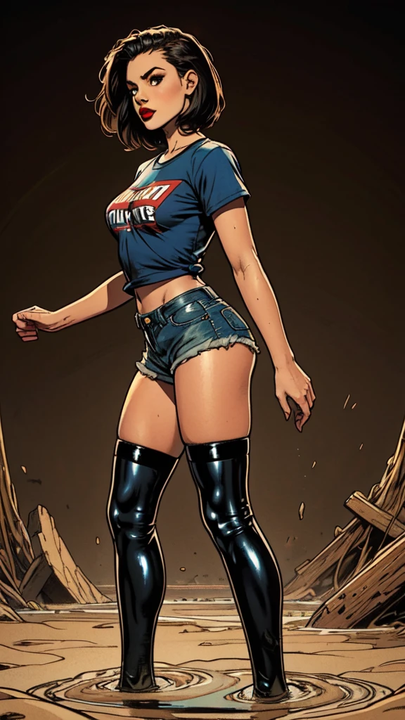 masterpiece, sensation:1.2, attention-grabbing:1.2, void background, ager girl, young teen:1.2, t-shirt, latex stockings with garters:1.0, denim shorts, sinking, void quicksand, red lips