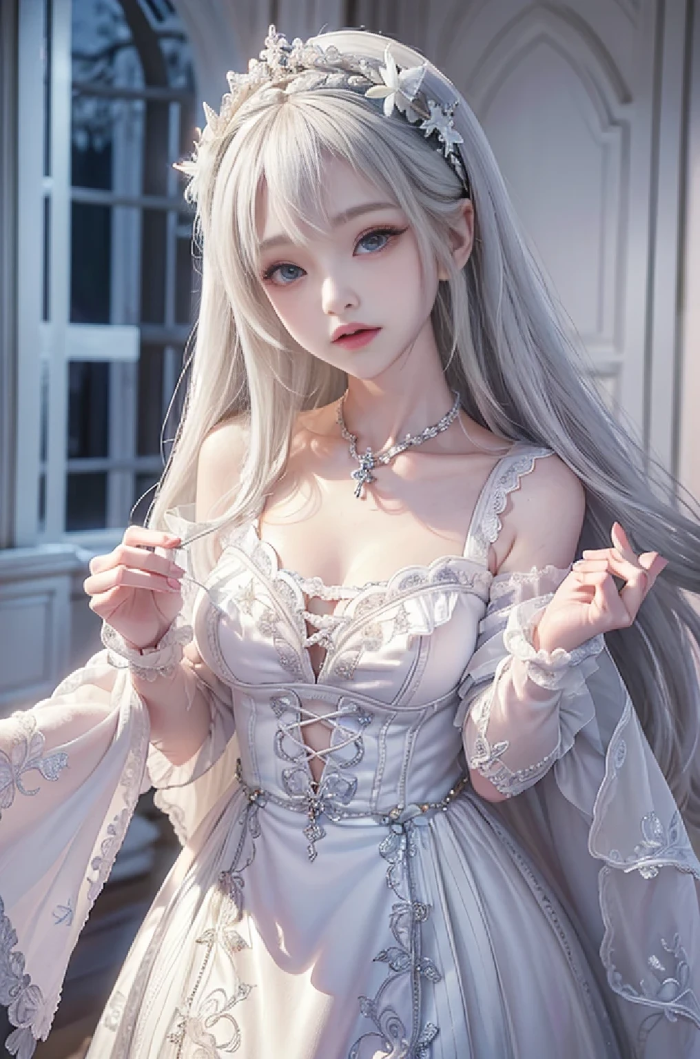 ((masterpiece:1.5,highest quality,Highly detailed images,Beautiful images、Realistic、Photorealistic、2.5D))(1girl, solo)(cute girl　、Asian Cute Girls、 ??????????????, white hair, aqua eyes、Beautiful big eyes、Sharp jaw、Small Nose、Narrow waist、Thin legs、Ideal body type、The collarbone is beautiful)(lolita fashion、Cape、Monotone clothes、Snow Field、Gothic Style)(Beautiful, shining hair, floating hair)(heavy snow、dead tree)
