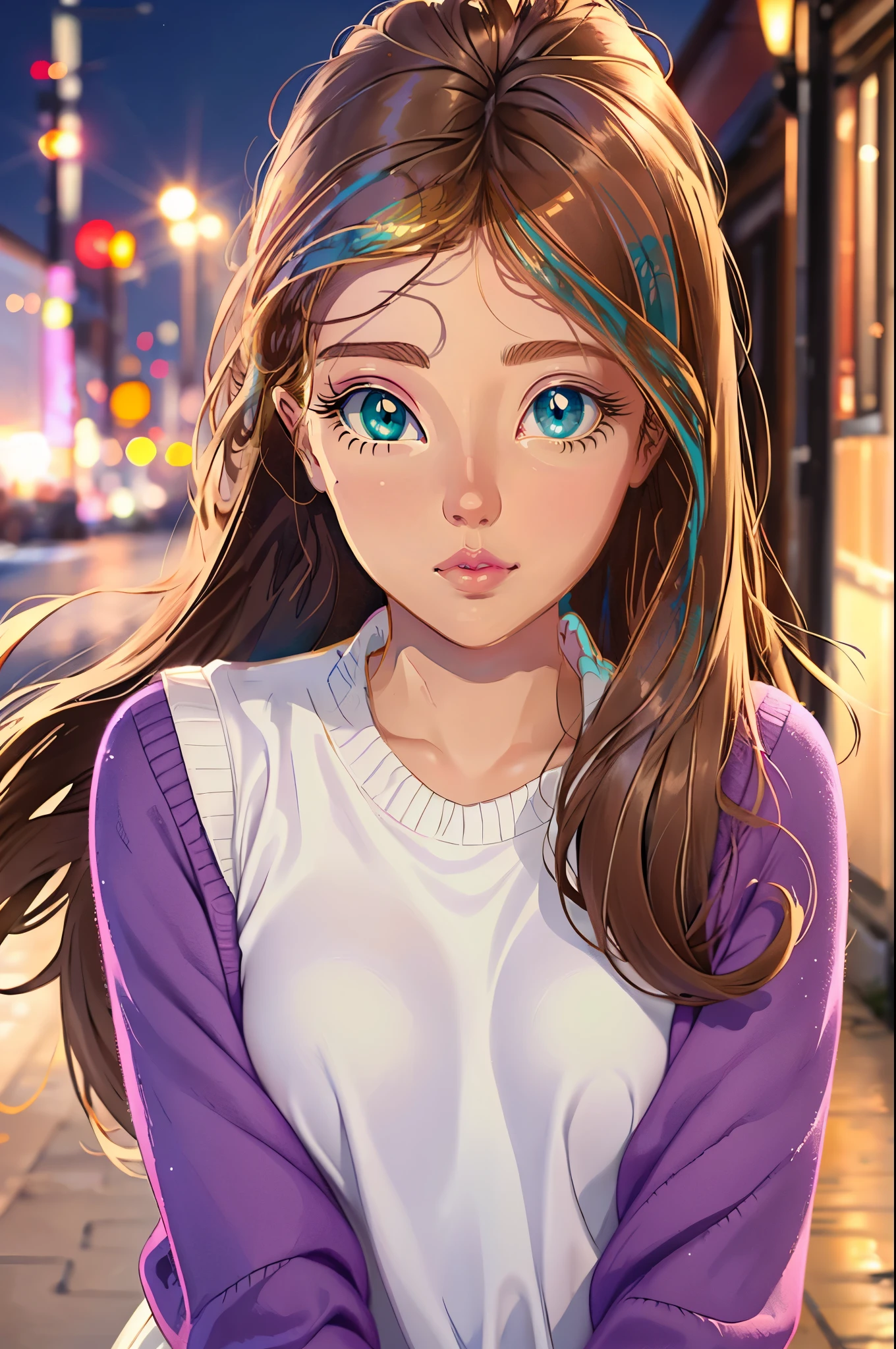 Girl, long straight brown hair, light brown eyes, white skin, pink lips, beautiful, calm, purple sweater