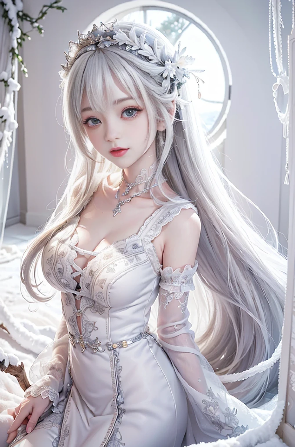 ((masterpiece:1.5,highest quality,Highly detailed images,Beautiful images、Realistic、Photorealistic、2.5D))(1girl, solo)(cute girl 、Asian Cute Girls、 medium breasts, white hair, aqua eyes、Beautiful big eyes、Sharp jaw、Small Nose、Narrow waist、Thin legs、Ideal body type、The collarbone is beautiful)(ta fashion、Cape、Monotone clothes、Snow Field、Gothic Style)(Beautiful, shining hair, floating hair)(heavy snow、dead tree)