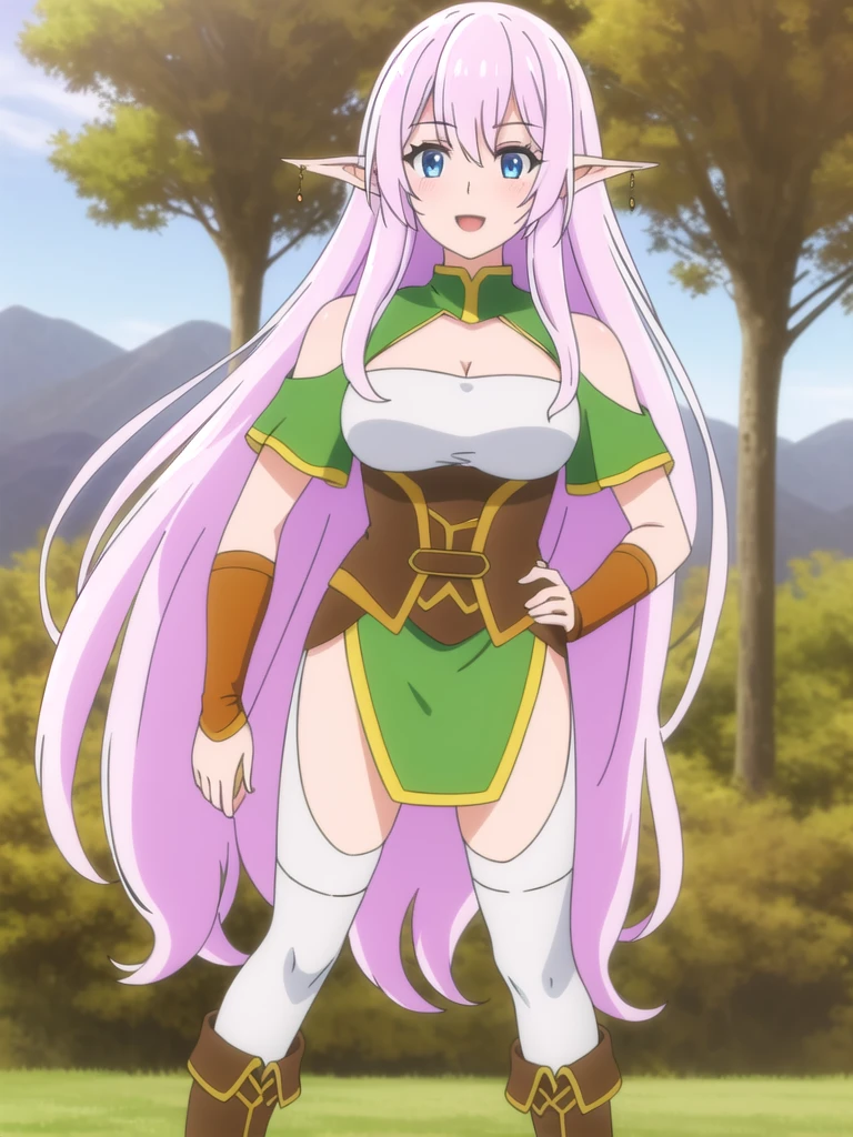 (((Best quality))),((Ultra-detailed)),((illustration)),((Disheveled hair)),((frilld)),(1 girl),
1girl , beach , blue eyes , blue sky , blurry , blurry background , boots , breasts , brown footwear , cleavage , clothing cutout , cloud , dark elf , day , earrings , elf , fantasy , grass , hand on hip , hill , jewelry , lake , large breasts , long hair , long pointy ears , looking at viewer , mountain , mountainous horizon , open mouth , outdoors , LavenderBlush hair , pointy ears , sky , smile , solo standing , thighhighs , white legwear ,