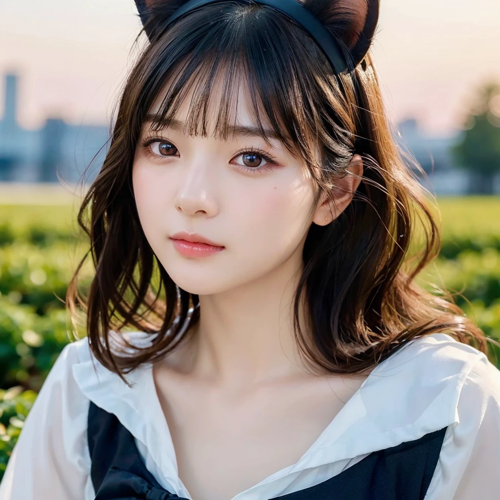 ,(Photorealistic:1.2), (highest quality), (Detailed skin:1.3), (Intricate details), Ray Tracing,One girl, In detail,real,RAW Photos & Realistic atmosphere,Mouth details,Glossy lips,Fine eyebrows,Soft white skin that shines in every detail,Detailed drawn eyes、eyes are yellow,Very beautiful eyes,Detailed lips、Very beautiful face,Very well-formed face、A vivid face,Beautiful, shining lips, cute日本の女の子,,A little sad look,Looking at the camera, Good figure,Rembrandt Lighting, (Photorealistic:1.2), (highest quality), (Detailed skin:1.3), (Intricate details), Ray Tracing,One girl, In detail,real,Scattered beneath the surface,(blush:0.5), Detailed skin texture, Black Hair, Long Hair,Cat ears headband, (Wavy Hair:1.2), (Blunt bangs:1.2), cute, Black Sailor Suit,(Face Focus:1.1),(Face close-up:1.1),Collarbone Bare Skin,Rye field,Sunset