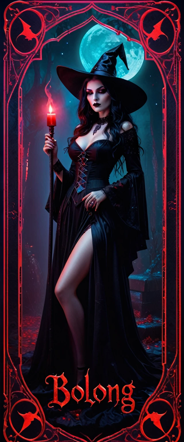 Tarot cards, Sexy witch, Gothic style, mysterious with dark neon and holographic colors, bloody red card border, the word bolong inscription detailed, 8k