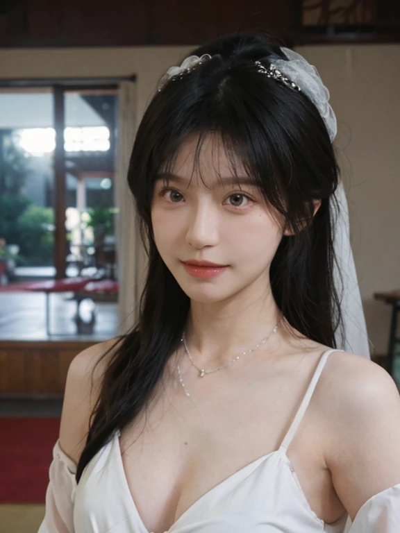 best quality， ultra high resolution， （realistically：1.4），cute hairpin，Baoyu Girl，Standing in the wedding hall，（flat chest：1.2） ，A pair of clear and charming peach blossom eyes,Royal sister，The sun shines on the face，Big wavy hairstyle，（necklace：1.2），（White skin：1.4），a sense of atmosphere，a beautiful girl，Looking directly at the viewer， Close-up cleavage ，(lifelike:1.4),1 girl,Sexy,(Upper body:1.4),(wet),(:1.2) , wear bikini