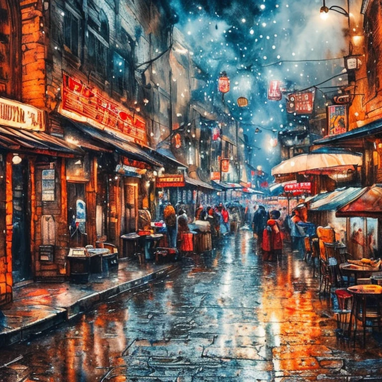 A detailed watercolor painting of a back alley drinking district, Realistic, photoRealistic, Intricate details, Vibrant colors, Warm lighting, Atmospheric, Sulky, Grainy, Neon Signs, old buildings, Narrow Road, People socializing while drinking々, Steam from the vent, Wet pavement, Vibrant nightlife, highest quality, 8k, High resolution, masterpiece