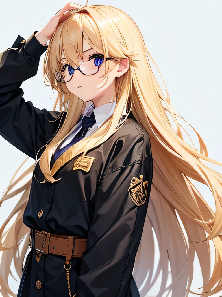 Blonde，Long Hair，girl，Holding up his glasses with his left hand，that&#39;that&#39;It&#39;s too bright so I close my left eye，Sandy Beach，Shorts，Roll up your shirt sleeves