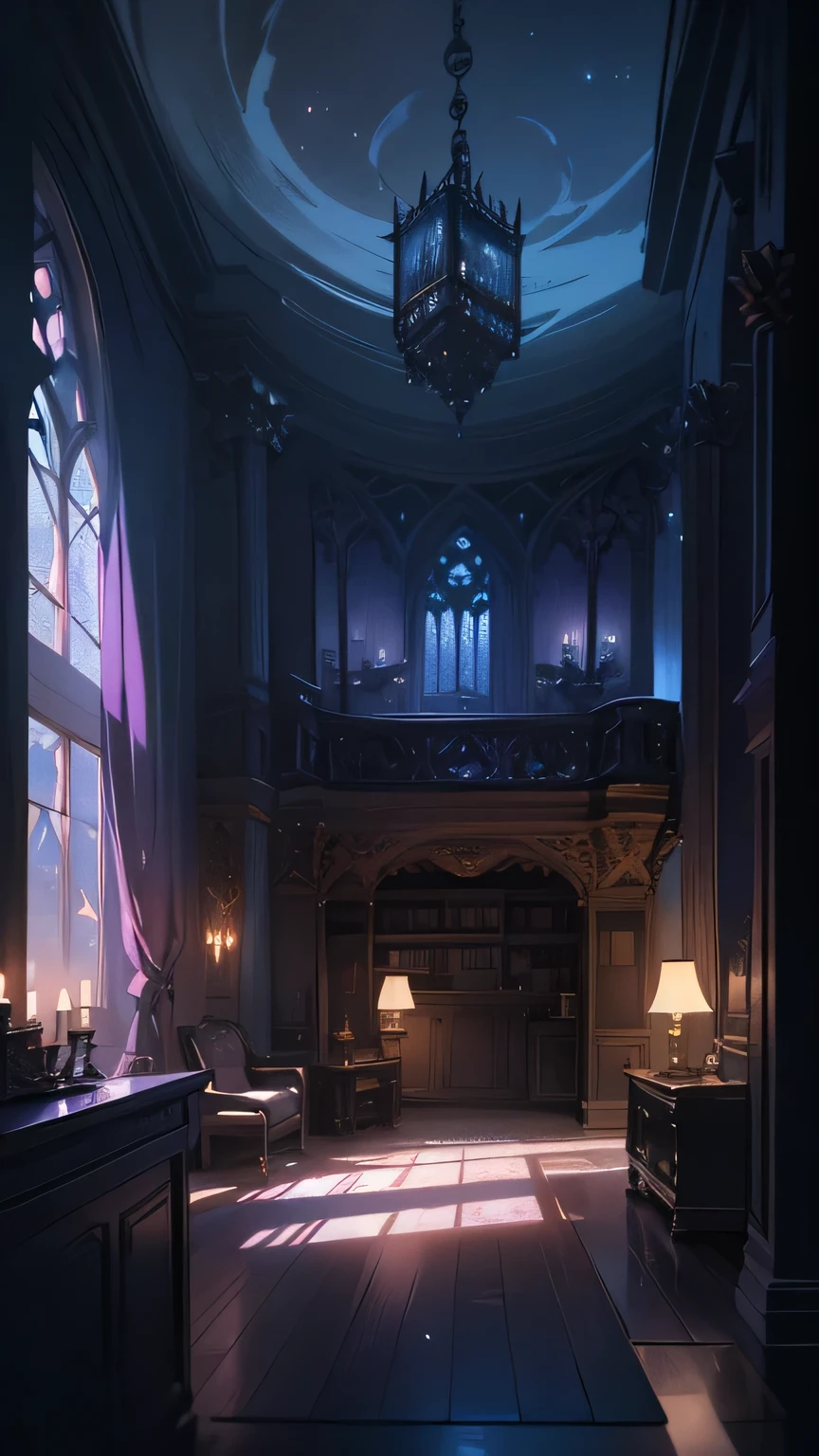 A highly detailed, There is a loft at the back、gothic-style illustration of a spacious indoor room at night, with a wide composition showcasing a gothic-style bed, a chandelier, gothic-style furniture, bookshelves, and a plush rug, all bathed in a moody, dark atmosphere with a beautiful night sky visible through the lace curtains, featuring a crescent moon and twinkling stars, masterpiece, (best quality,8k,ultra-detailed,hyper-realistic,extremely detailed),(intricate,gothic,dark fantasy:1.2),dramatic lighting,moody atmosphere,cinematic,elegant,luxurious interior,minimal human presence,(pink and black color palette:1.1),ethereal,mystical,atmospheric,studio lighting,physically-based rendering、large room、Soft moonlight、(cute room)