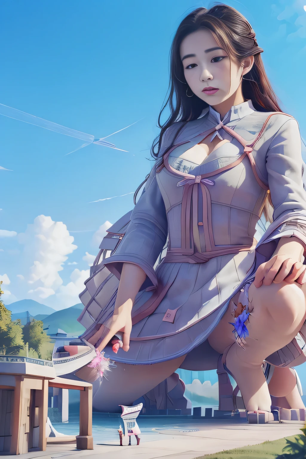 giantess art, highly detailed giantess shots, giantess, Two legs, Five fingers, short hair, super giant princess, A beautiful girl who is bigger than any skyscraper, Wearing rimless glasses, smile, Big Breasts, White gorgeous dress, White Pantyhose, white pantyhose, White stiletto sandals, toes visible through pantyhose, Destroying cities, A very small big city, Miniature metropolis, Full body description, GTS, giga giantess, stomping city, crash city, tiny city, micro city, pantyhose feet, High resolution, highest quality, masterpiece, princess dress,