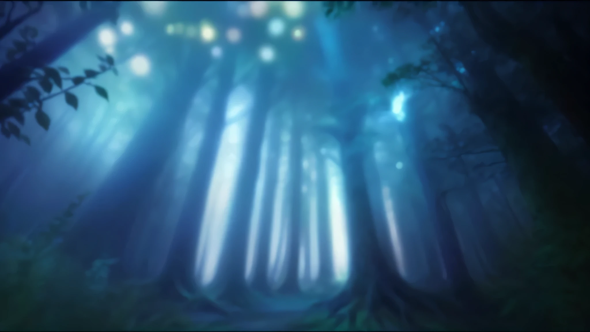 there is a blurry image of a forest with trees and lights, mystical forest background, bokeh forest background, magical forest backround, soft forest background, sky forest background, blue forest, magical forest background, blurred forest background, elf forest background, mysterious forest, glowing forest, cyber space forest scene, moonlit forest environment, surreal forest, (((forest)))