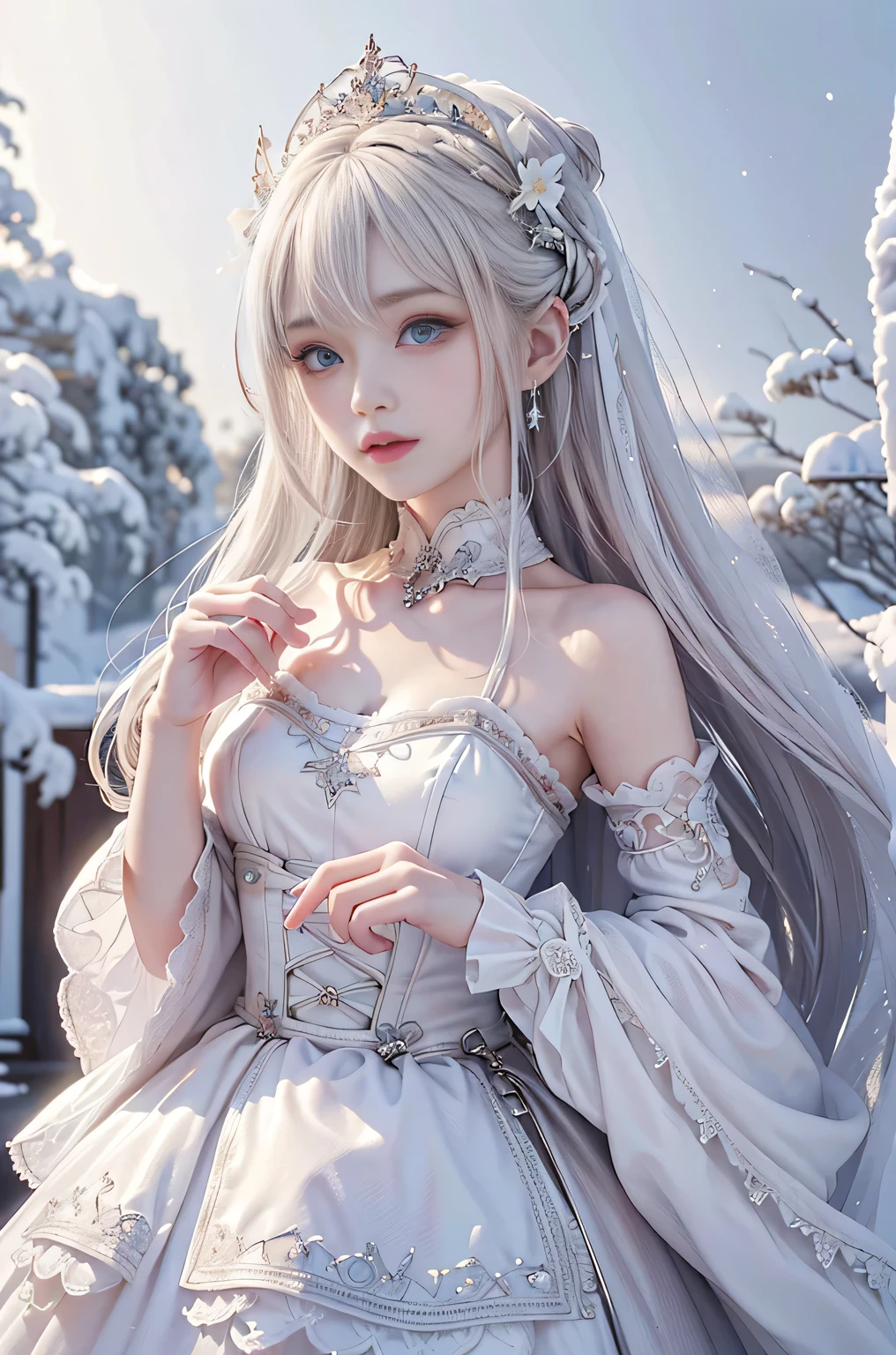 ((masterpiece:1.5,highest quality,Highly detailed images,Beautiful images、Realistic、Photorealistic、2.5D))(1girl, solo)(cute girl 、Asian Cute Girls、 medium breasts, white hair, aqua eyes、Small Head、Beautiful big eyes、Sharp jaw、Small Nose、Narrow waist、Thin legs、Ideal body type、The collarbone is beautiful)(ta fashion、Cape、Monotone clothes、Snow Field、Gothic Style)(Beautiful, shining hair, floating hair)(heavy snow、dead tree)