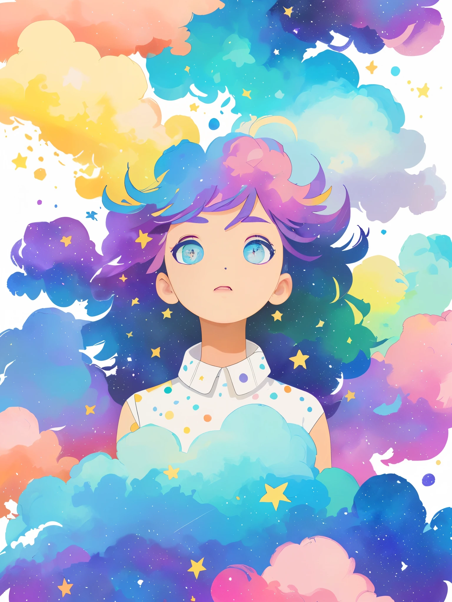 ((masterpiece)), (((best quality))), ((ultra-detailed)), ((illustration)),[realism light effect],shadow,(Fantasy style),(white background:1.6), simple background, (earth theme),(a clothes)[(hair focus,((1girl)),[(big slime hair): (cloud hair):0.3], (hair on background),(high saturation),(hair surrounded by galaxy splashes),)):((her hair is becoming galaxy clouds,:1.27628), (hair and clothes is galaxy clouds and cluster of stars:1.1025),(a clothes is becoming galaxy clouds)(colorful_galaxy_print_clusters_of_stars_print:1.35),((detailed starry sky with colorful galaxy and galaxy clouds):1.2)):0.35], (((masterpiece))),(((best quality))),((ultra-detailed)),(illustration),(dynamic angle),((floating)),(paint),((disheveled hair)),((beautiful detailed face)),collar,bare shoulders, ((colorful hair)),((streaked hair)),beautiful detailed eyes,(Gradient color eyes),(((colorful eyes))),(((colorful background))),(((high saturation))),(((surrounded by colorful splashes))),(((surrounded by colorful dot))),colorful bubble,((shining)),