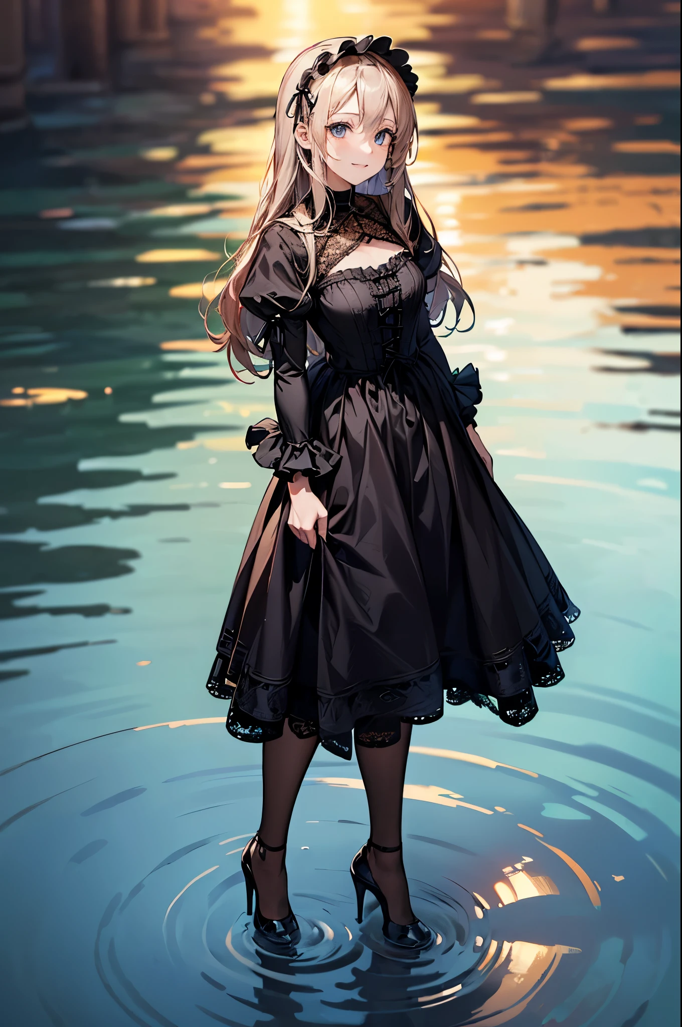 ((Biologically correct limb count))、((whole body including face))、4K、Masterpiece、((Focus on the face))、((Symmetrical, well-proportioned facial features))、Eyes with delicate depictions、(((1 person)))、Beautiful woman、Outstanding style、Slender Body、((Headband、Gothic Lolita、Gothic Dress、(High heels)))、(((Standing on the surface of the water)))、(smile）、(Close-up photo of the upper body）、High angle、Night in the city、Stop and look up、