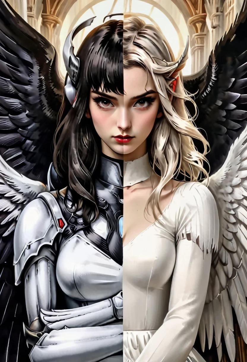 Epic CG poster, oil painting, two sides of a girl, white angel dress with white wings on the left, black devil dress with black wings on the right, long hair, perfect face, frontal shot, symmetry, natural split, cinematic light effects, 8K