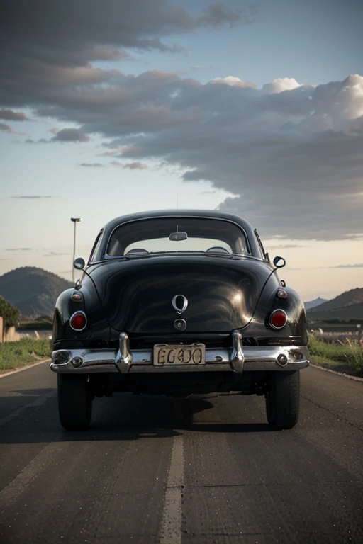 1 car, 1950s style, luxury sedan, rear view, fantasy, futuristic 