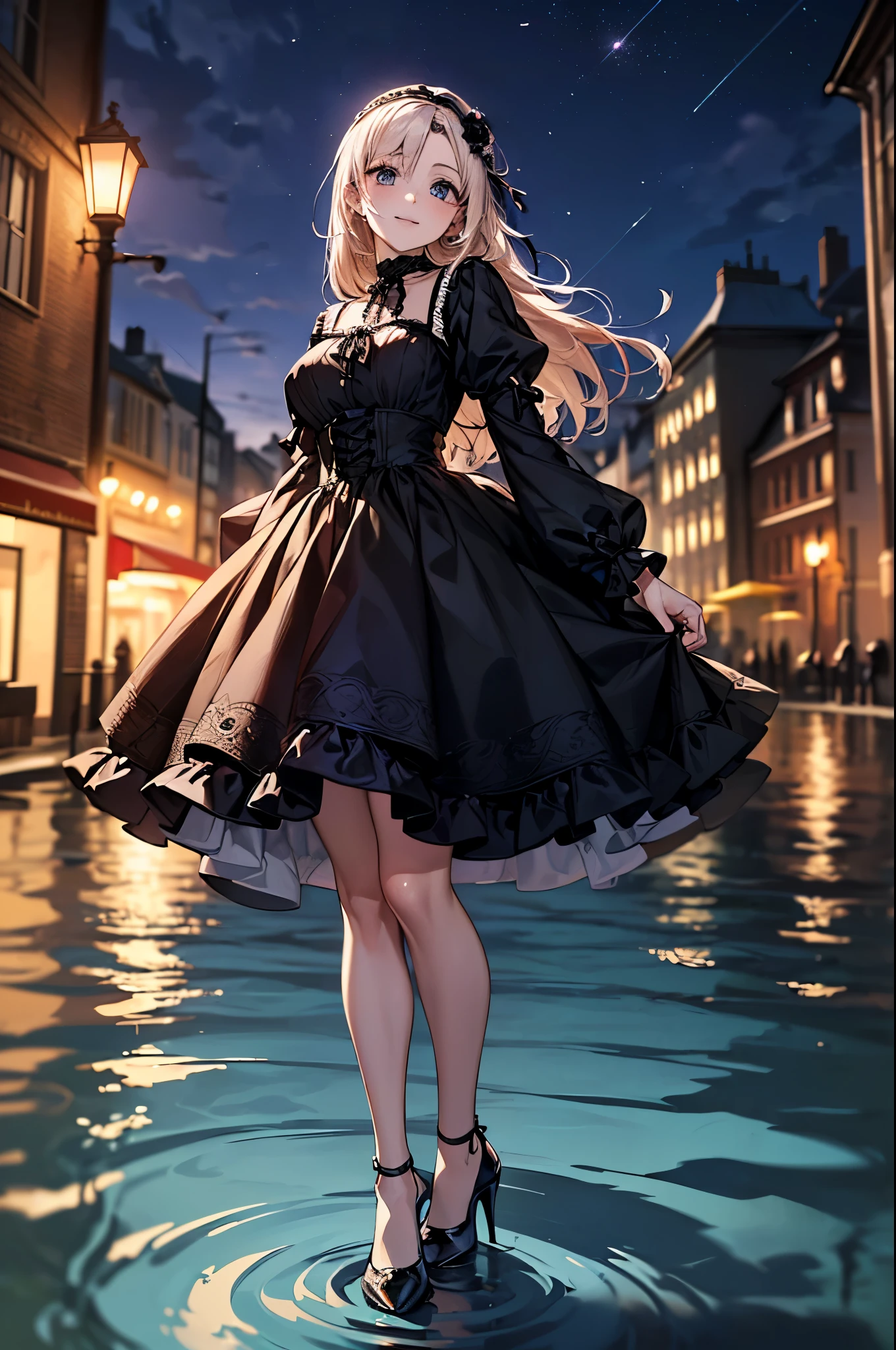 ((Biologically correct limb count))、((whole body including face))、4K、Masterpiece、((Focus on the face))、((Symmetrical, well-proportioned facial features))、Eyes with delicate depictions、(((1 person)))、Beautiful woman、Outstanding style、Slender Body、((Headband、Gothic Lolita、Gothic Dress、(High heels)))、(((Standing on the surface of the water)))、(smile）、(Close-up photo of the upper body）、High angle、Night in the city、Stop and look up、