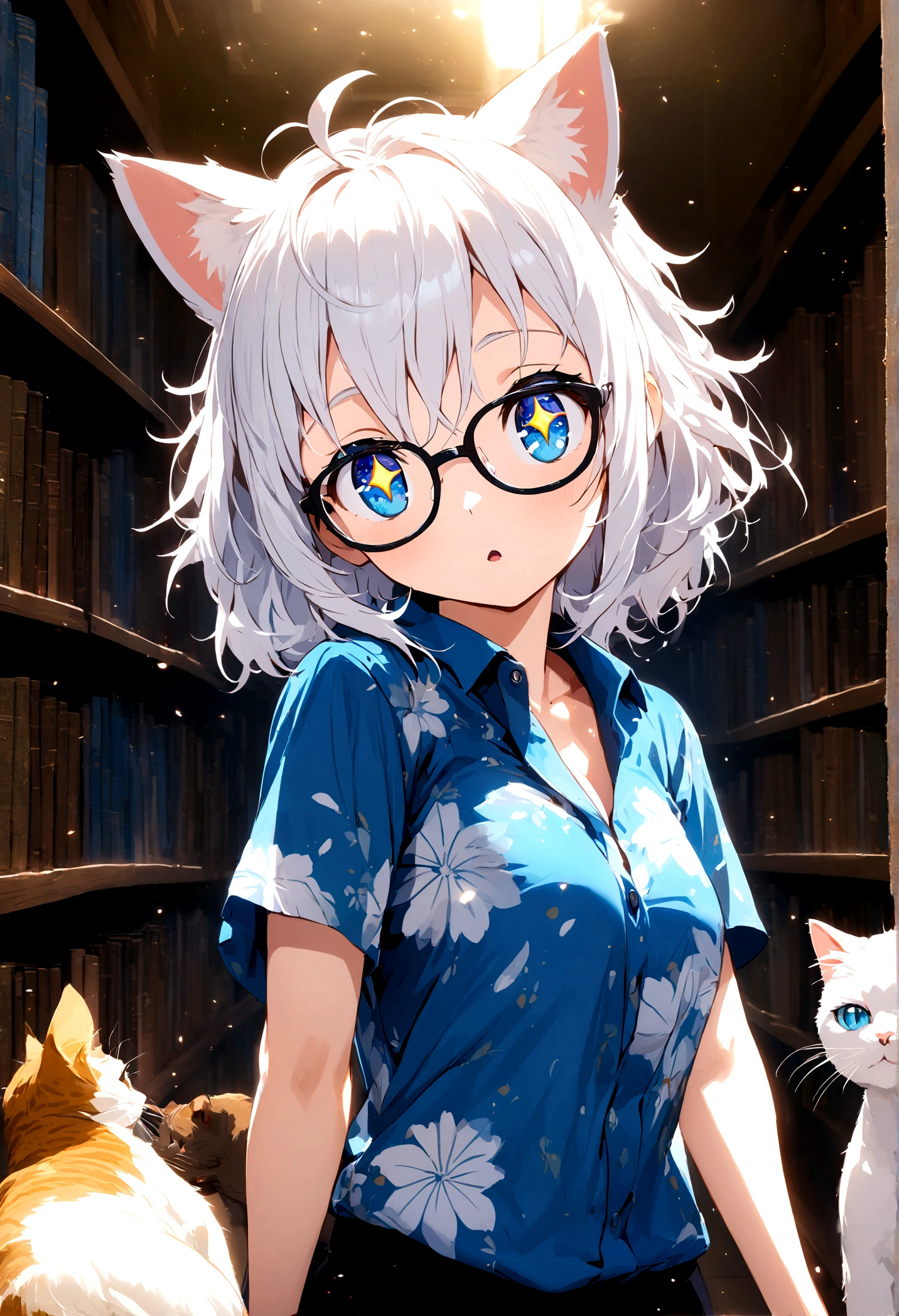 Anime Girl , 20 years old, 1 Anime Girl with white hair, messy hair, Cat ears, Glasses, blue eyes, Sparkling eyes, Lighting effects, Japanese shirts, White and blue shirt, Intellectuals , Library Background, Cat, Large Breasts,
