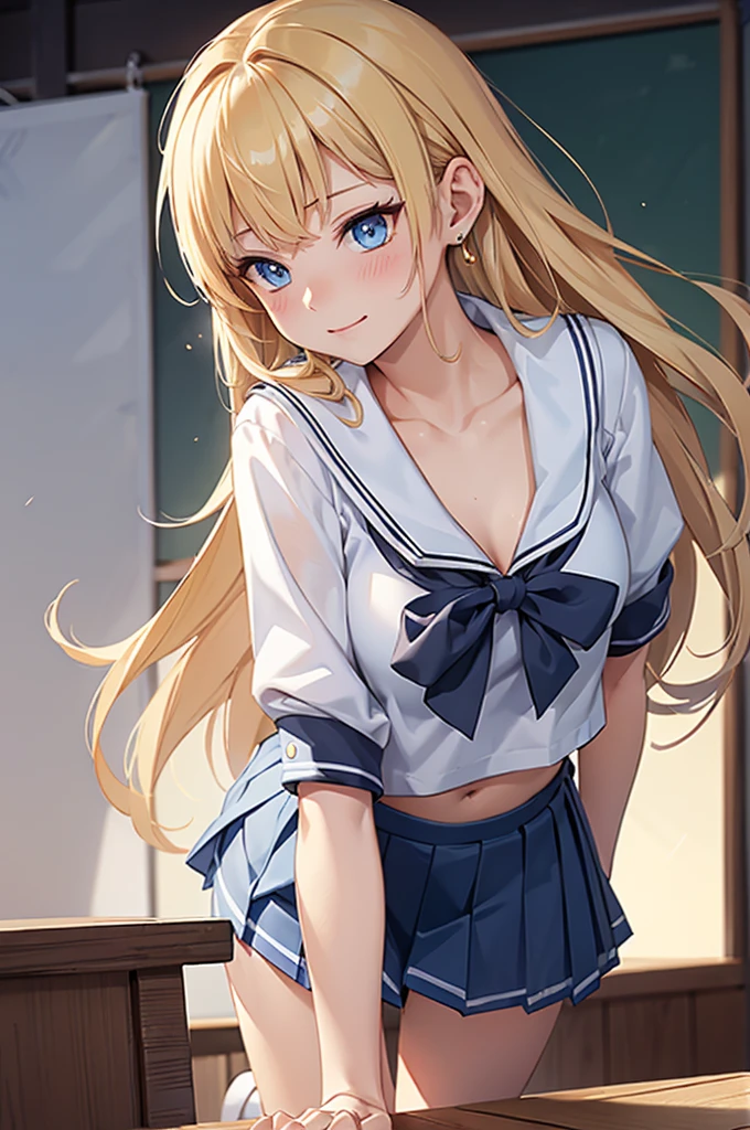 masterpiece、Soft Focus , Bright gradient watercolor、Tabletop, High resolution, 8k, Anime Women, Delicate and detailed writing 、Detailed digital illustration、high resolution, high quality、Detailed Background、Close-up photo、(((Two arms、Four fingers, One thumb)))、Detailed female face、
quality、image quality、masterpiece、With a girl((18-year-old、Short-sleeved sailor uniform without sports bra、Blue short skirt、Best Bust、Bust 85、Blonde、long hair and blue eyes、Keep an open mind、Happineslack wristband on your wrist、Slender、Embarrassed face、Earrings、On all fours,Get closer to the audience、Pulling up hair、Blushing、The wind is blowing)）High quality、Visual Arts、I love the movie style、background((After school classes))、On the table、

