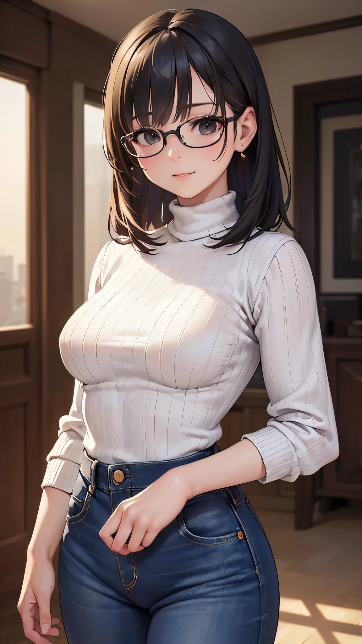 Top Quality, Masterpiece, Ultra High Resolution, (Realism: 1.4), Raw Photo, 1 MILF, 1 MILF, (Top Quality, High Resolution, 4K, Detailed Lighting, Shaders, Perfect Anatomy, Perfect Proportions), Eye of the Beholder, (Masterpiece, Top Quality) (Top Quality, 4K, 8K, High Resolution, Masterpiece: 1.2), Extremely Detailed, (Realistic, Realistic, Realism: 1.37), (Masterpiece: 1.3, Top Quality, Ultra High Resolution, Ultra Detailed), (Realistic, Realism: 1.4), (Top Quality: 1.2), Perfect Eyes, Perfect Face, Perfect Lighting, (Top Quality, 4K, 8K, High Resolution, Masterpiece: 1.2), Extremely Detailed, (Realistic, Photorealistic, Photorealistic: 1.37), (Top Quality, 4K, 8K, High Resolution, Masterpiece: 1.5), Extremely Detailed, (Realistic, Photorealistic, Photorealistic: 1.5),
Masterpiece, Top Quality, Ultra Detailed, Top Quality, High Resolution, 32K CG, very delicate and beautiful, illustration, high resolution, sharp focus, front light, glow, one girl, solo, smiling, very beautiful and detailed anime face, highly detailed game CG Character eyes, ((masterpiece)), ((best quality)), (super detailed), ((cute)), cute, ((very detailed)), 4K, (8K), best quality,
(masterpiece, best quality, very detailed), ((older woman)), ((upturned bangs)), ((bobbed hair with even ends)), ((black eyes)), ((wife)), ((cool face)), earrings, wearing tinted glasses, ((very large breasts)), ((wearing slim black turtleneck)), ((photorealistic)), ((clear sky)), ((juicy breasts, small waist)), ((tight knitwear)), cityscape, ((very realistic)), ((wearing high-waisted denim pants)), ((sexy body)), ((tight denim))