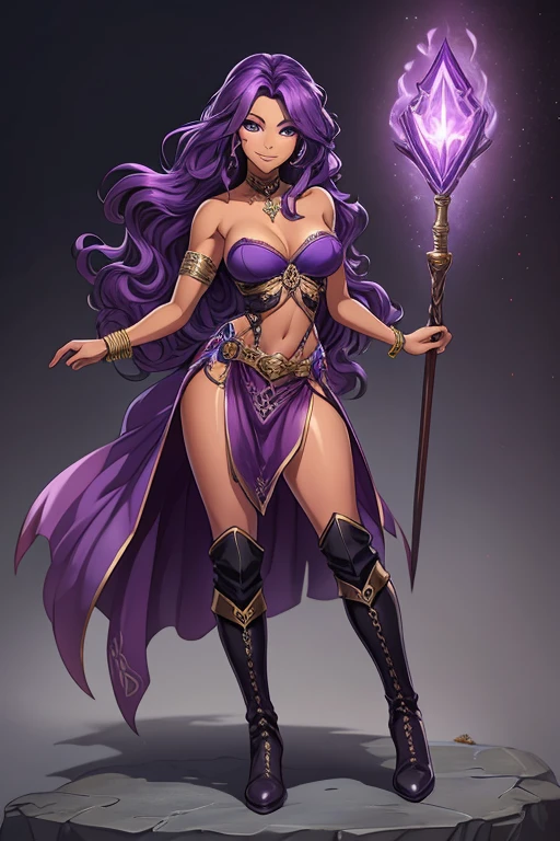 (best quality:1.3), (4K quality), (Detailed face:1.2), (Detailed eyes:1.2), solo, 1girl, 25 year old woman, sorceress, dark skin, purple hair, wavy hair, long hair, purple eyes, mascaras, purple eyeshadow, smile, purple lipstick, tattoos, medium breasts, waist, slender legs, attractive body, slim figure, perfect shape, (Wearing: purple strapless dress, pelvic curtain, bracelets, long thick boots), looking at viewer, holding a magical stuff