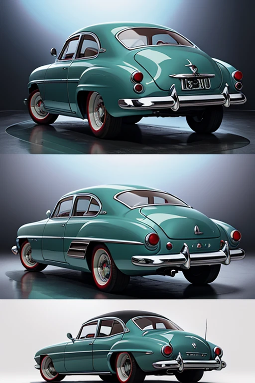 1 car, 1950s style, luxury sedan, rear view, fantasy, futuristic 