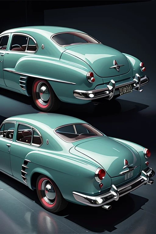 1 car, 1950s style, luxury sedan, rear view, fantasy, futuristic 