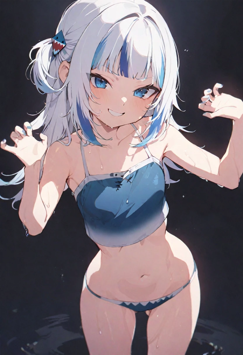 (masterpiece), (best quality), perfect face, beautiful girl, white background background, delicate and beautiful face and eyes, dark intense shadow, 
1 girl, vtuber style, cool girl, hololive, Gawr Gura, bikini, wet body, small chest, cropped shoulders, clavicle, winking, smile, bare feet, chest visible through clothes, ass visible through thighs, (full body), looking at viewer, standing, 