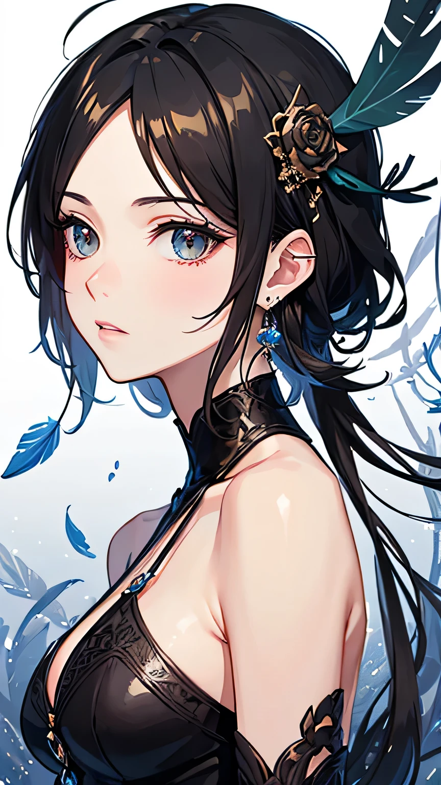 Small breasts, Expose your shoulders, short hair, Brown Hair, colored feather, metal ornaments, colored Flowers, particle, Light, (masterpiece, highest quality, Official Art, beautifully、beautiful: 1.2), (1 girl: 1.3), Very detailed, (Fractal Art: 1.1), (Black gradient: 1.1) (Flowers: 1.3), Best details, (Tangled: 1.2), (Dynamic pose), (Abstract background: 1.3) , (Shiny skin), (Black gradient: 1.4), (Earrings: 1.4), (feather: 1.4)、((White Background))、((Blank Background))、anime